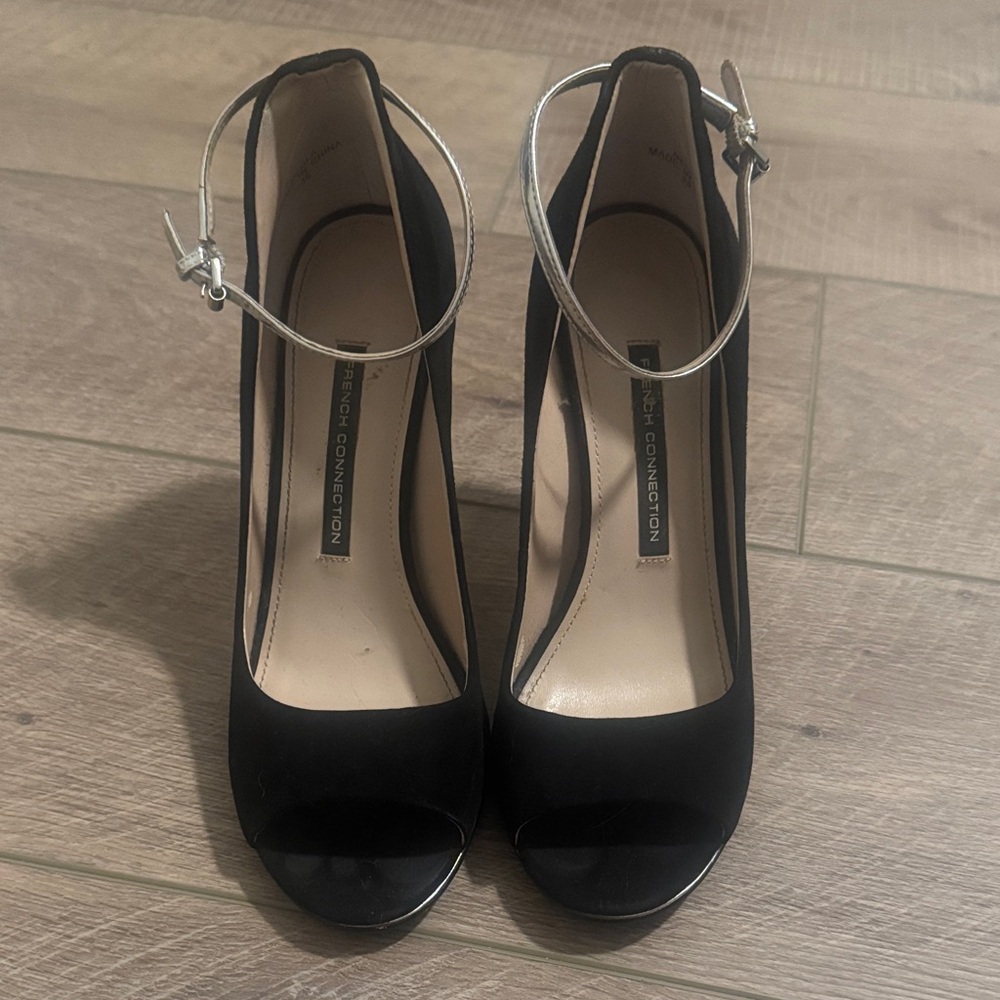 French Connection Black Silver Ankle Strap Heels 7.5